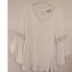 KONTROL Women White Bell Sleeve Crochet Lace V-Neck Keyhole Back Top Large T9879
